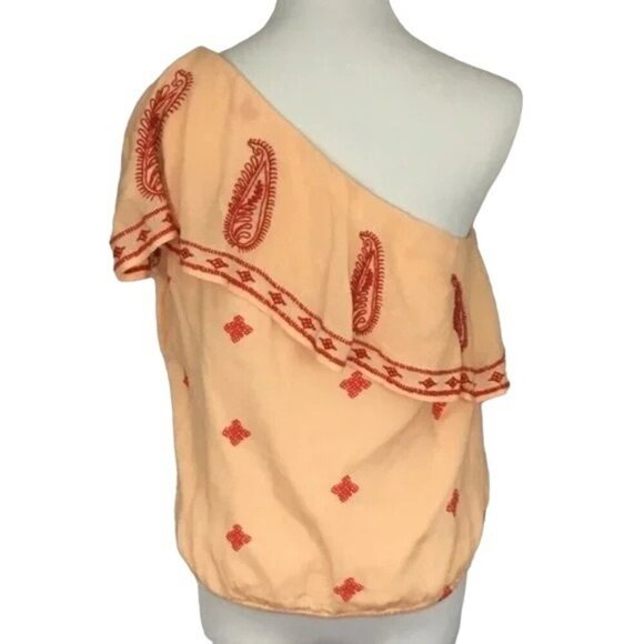 Free People Easy on the Eyes Pastel Orange Embroidered One-Shoulder Top - Picture 4 of 6